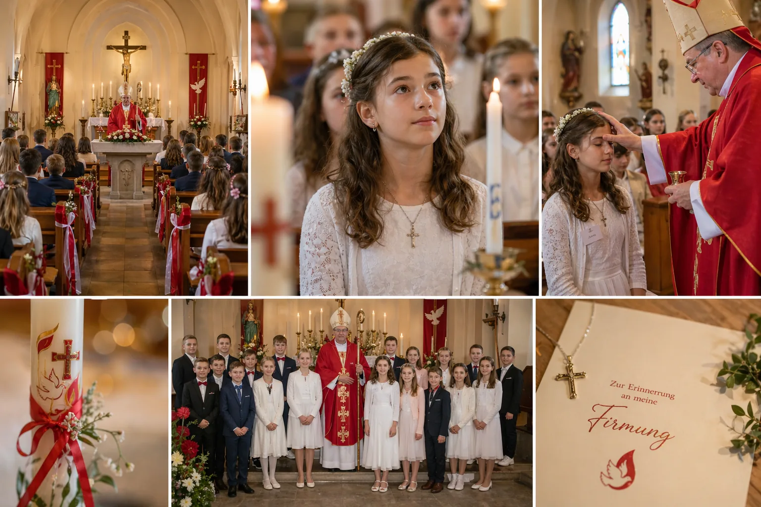 Firmung in der Kirche – Zeremonie, Portrait der Firmlingin und Segnung durch den Bischof