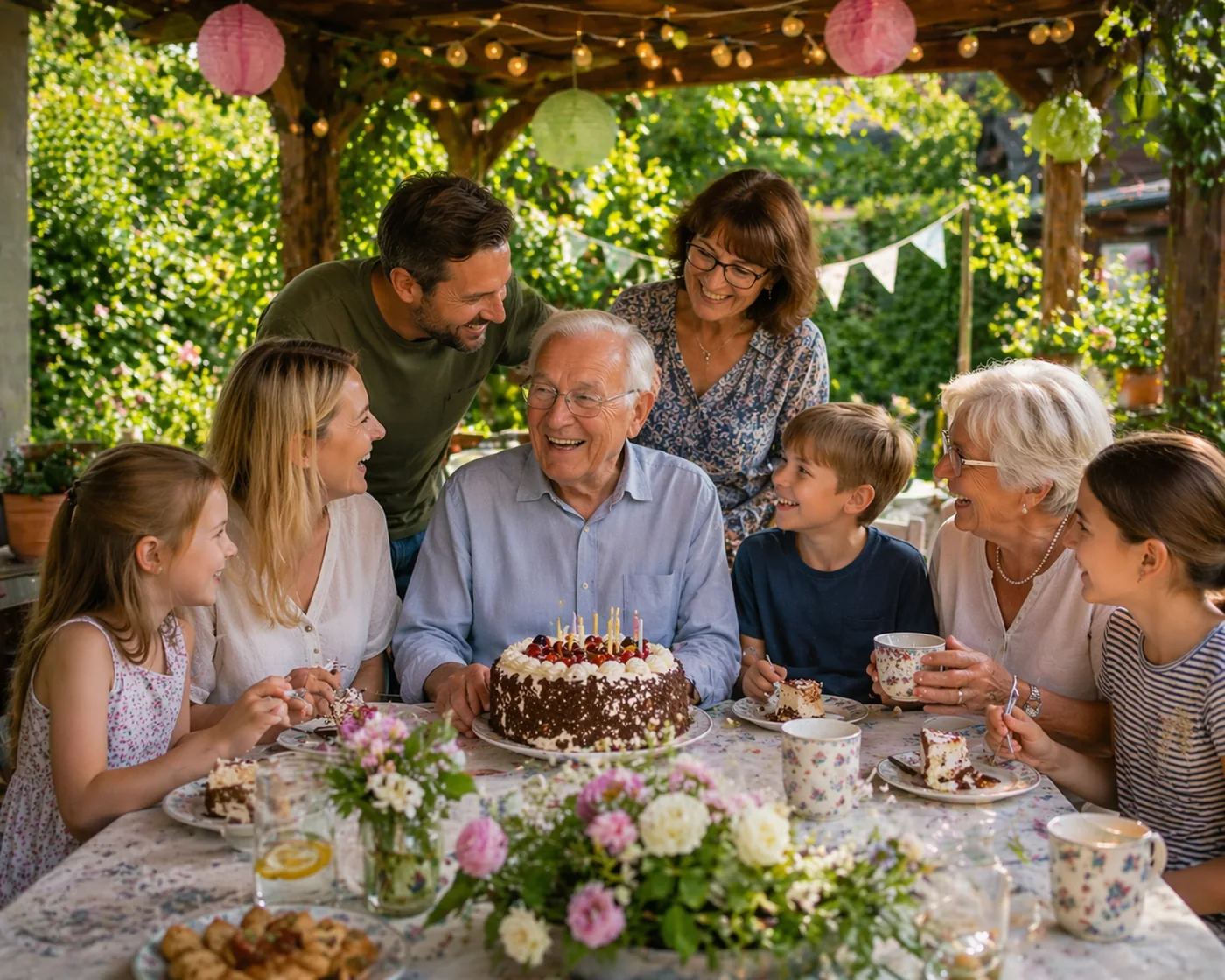 Großvater feiert Geburtstag im Garten umringt von drei Generationen seiner Familie an einem festlich gedeckten Tisch mit Torte