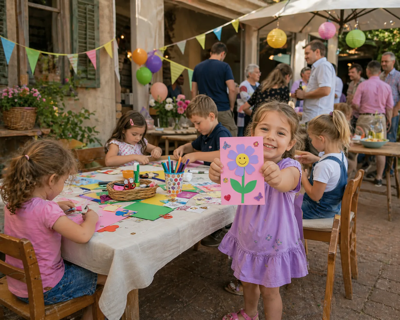 Mädchen mit selbstgebastelter Karte bei einem Kindergeburtstag – ein ehrlicher, lachender Familienmoment