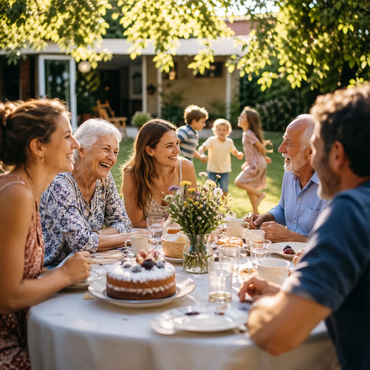Familie verschiedener Generationen am Gartentisch – ein ruhiger Sommernachmittag mit Kaffee und Torte