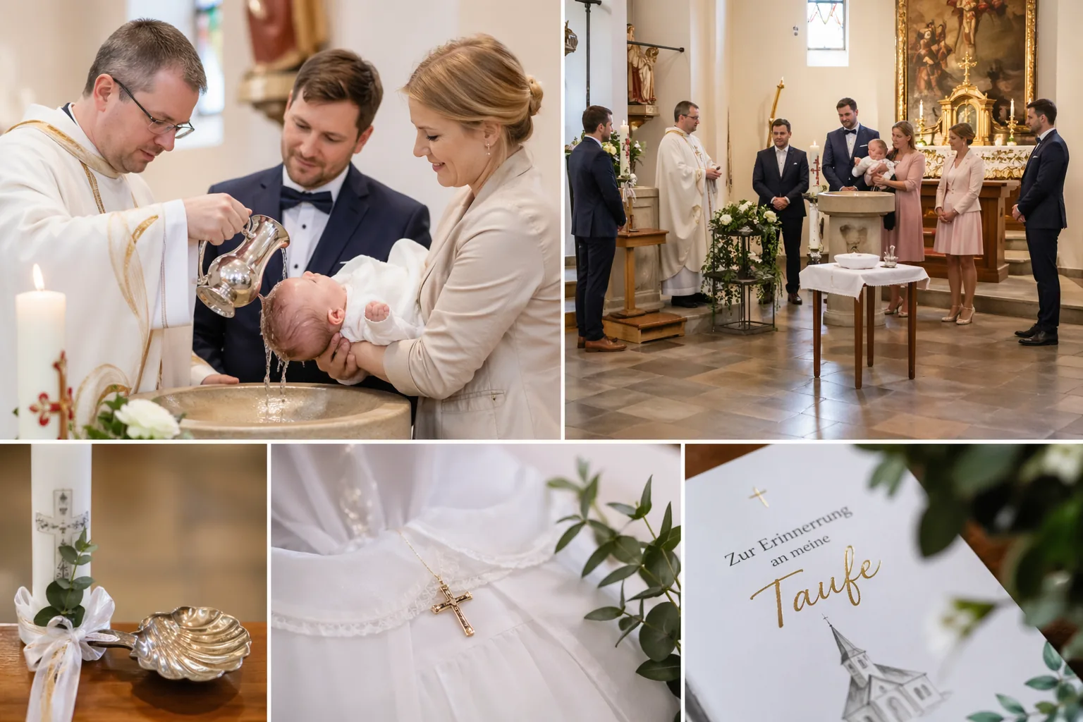 Taufe in der Kirche – Segnung des Säuglings, Familie am Taufbecken, Taufkerze und Taufkleid mit Goldkreuz