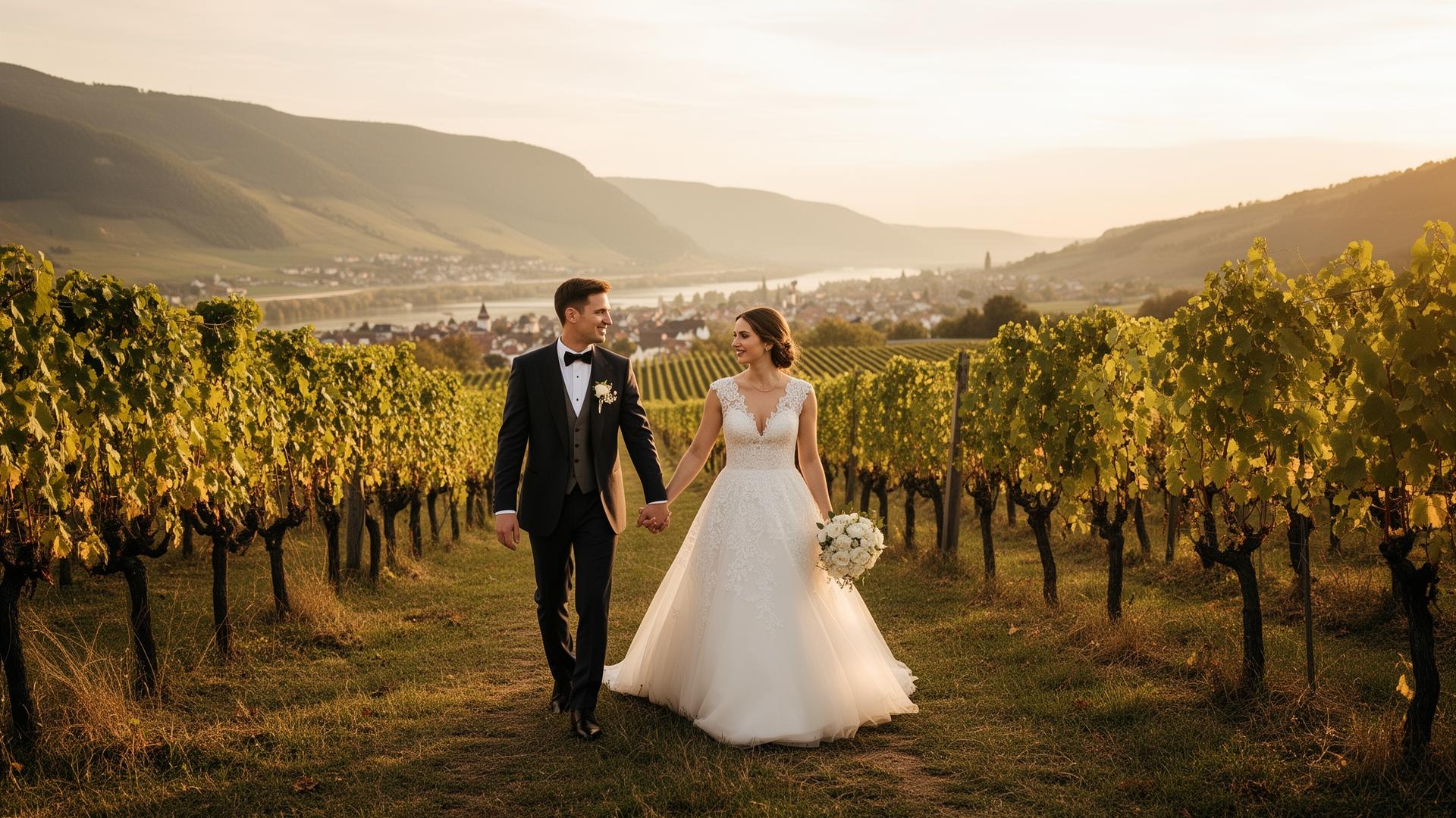 Hochzeitspaar in den Weinbergen der Wachau bei goldenem Abendlicht